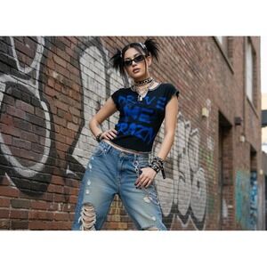 VTG 90s Cleo Casual Drive Me Crazy Baby Tee Women S Graffiti Biker Y2K Rave Edgy